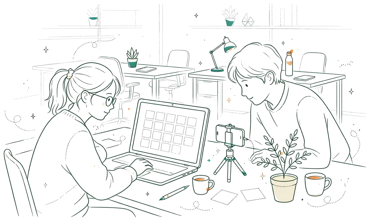 Dessin au trait : une apprentie prépare un planning de publications sur ordinateur dans une petite agence
