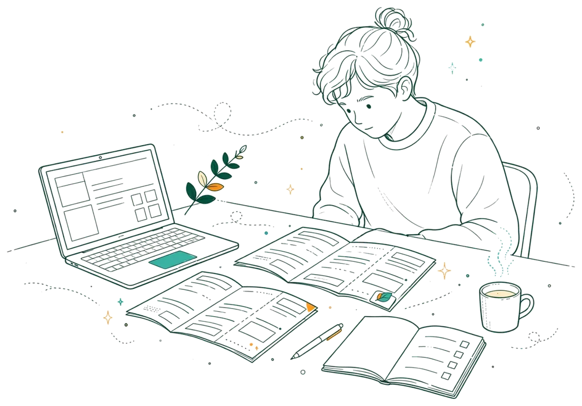 Dessin au trait : une étudiante compare deux brochures de formation sur une table, près d'un ordinateur
