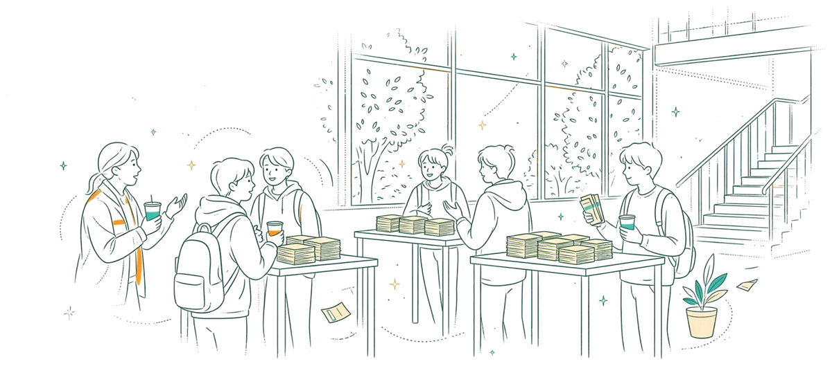 Dessin au trait : visiteurs et étudiants discutent autour de tables lors d'une journée portes ouvertes