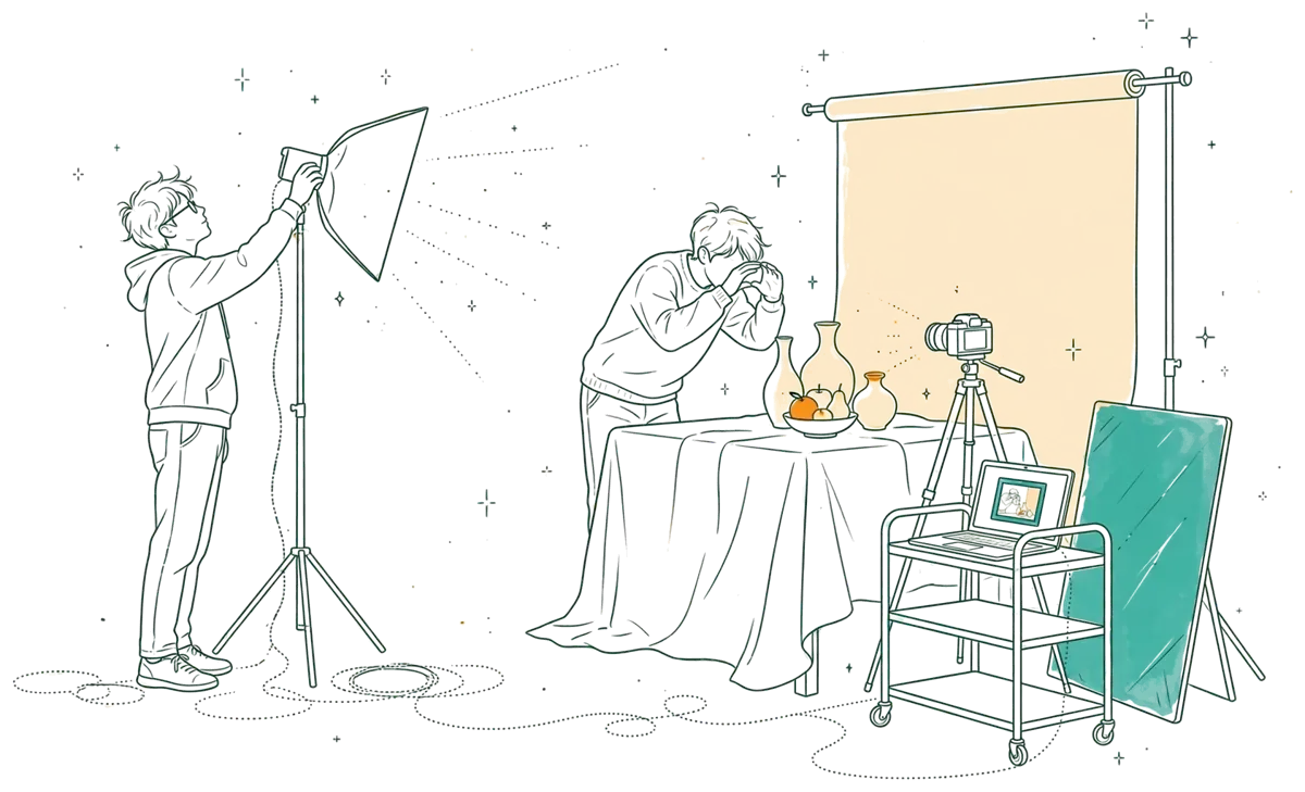 Dessin au trait : en studio photo, un étudiant règle un projecteur pendant qu'une autre cadre une nature morte