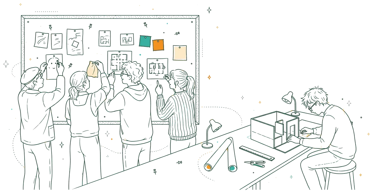 Dessin au trait : atelier de design où des étudiants épinglent croquis et échantillons sur un grand panneau