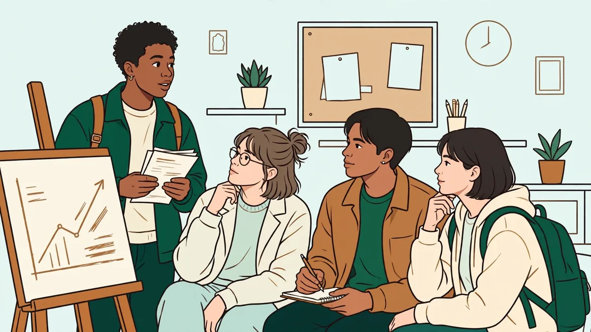 Quatre étudiants qui préparent en anglais une présentation d'économie, une affiche avec un graphique devant eux.