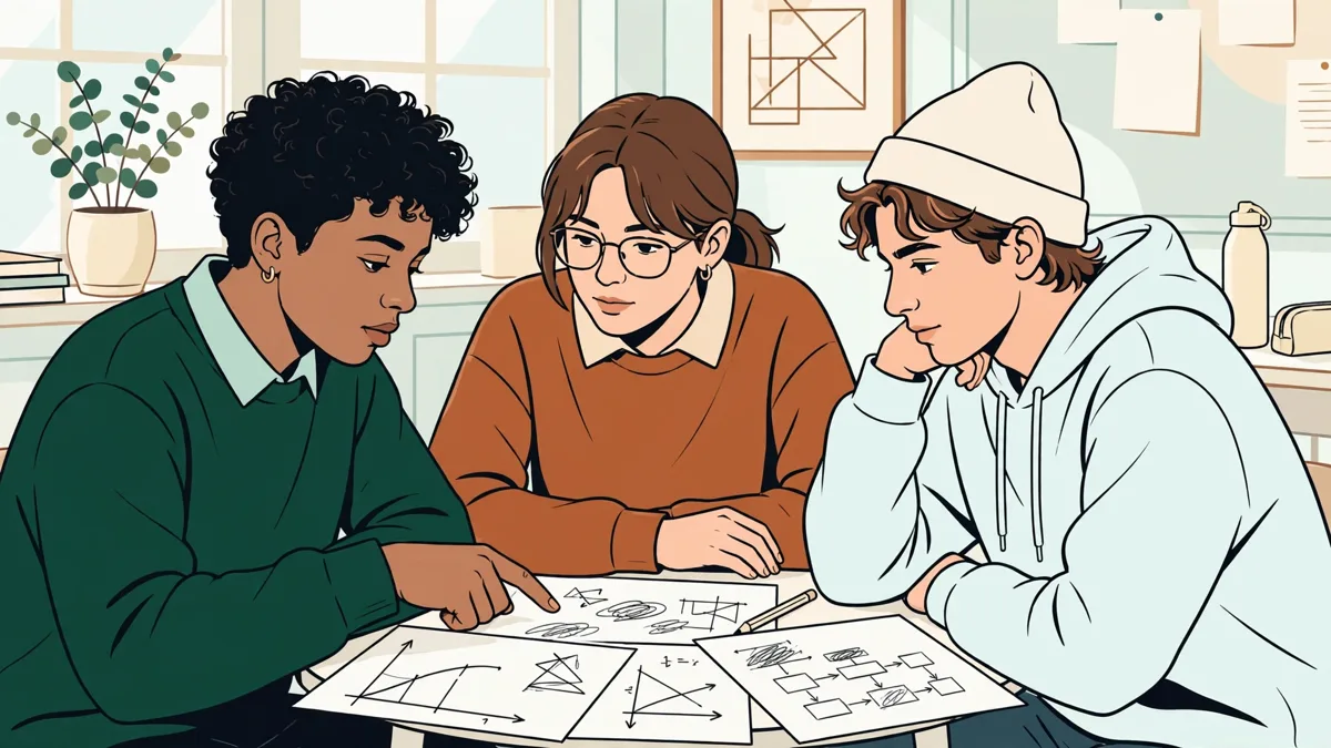 Trois étudiants autour d'une table qui résolvent ensemble un exercice de maths, feuilles et calculatrice posées devant eux.
