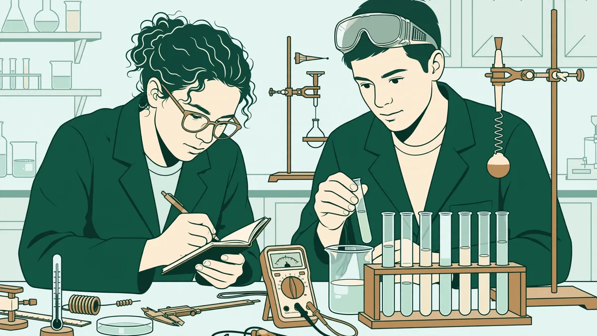 Deux étudiants en blouse qui réalisent une manipulation de chimie avec éprouvettes et prise de mesures, encadrés en travaux pratiques.