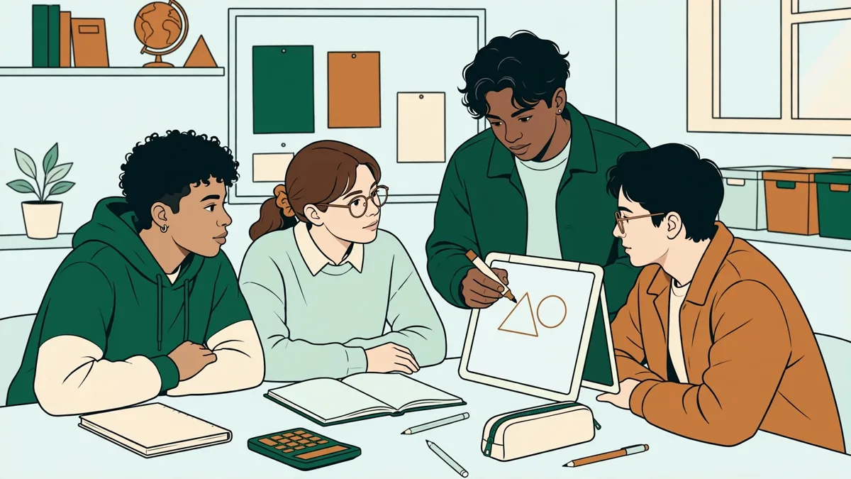 Petit groupe d'étudiants autour d'une table qui résolvent ensemble un exercice de maths et de physique, avec brouillons et calculatrice.