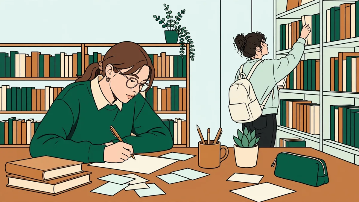 Une étudiante qui rédige une dissertation dans une bibliothèque universitaire, entourée de livres et de fiches, un autre étudiant cherche un ouvrage derrière elle.