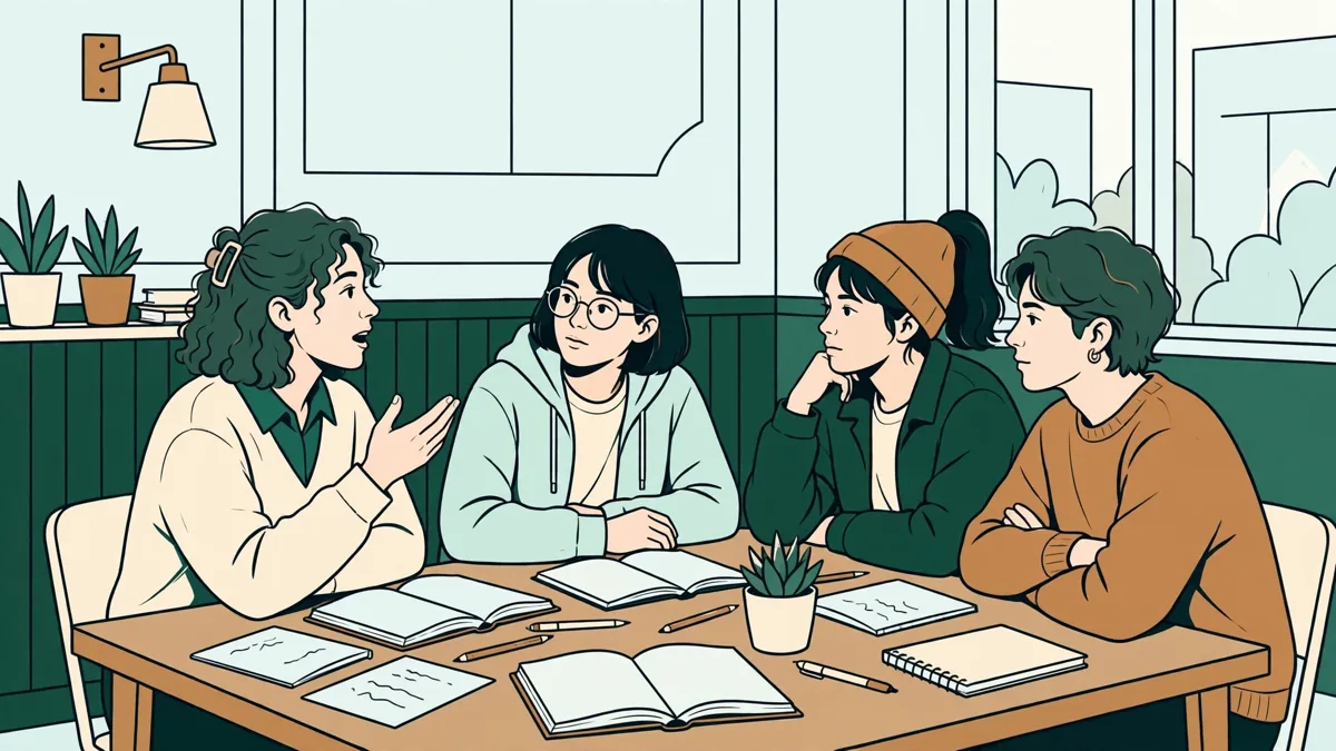 Petit groupe d'étudiants autour d'une table qui débattent, livres et carnets ouverts, une étudiante prend la parole pendant que les autres écoutent.