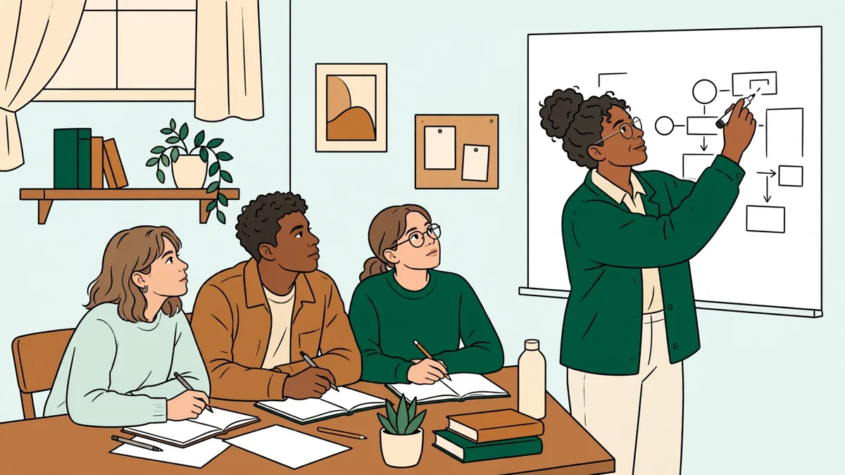 Trois étudiants travaillant une dissertation avec une enseignante qui annote un plan au tableau.