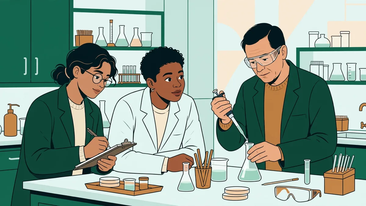 Deux étudiants en blouse observent une manipulation au laboratoire à côté d'une professionnelle