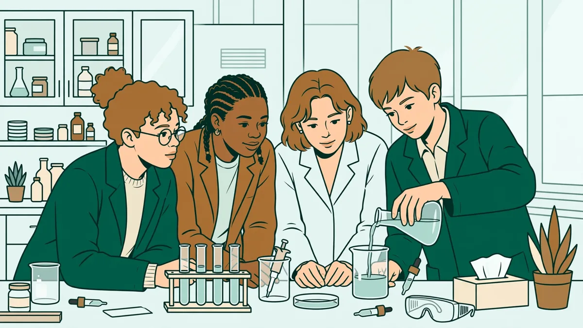 Quatre étudiants en blouse manipulent ensemble autour d'une paillasse de TP scientifique