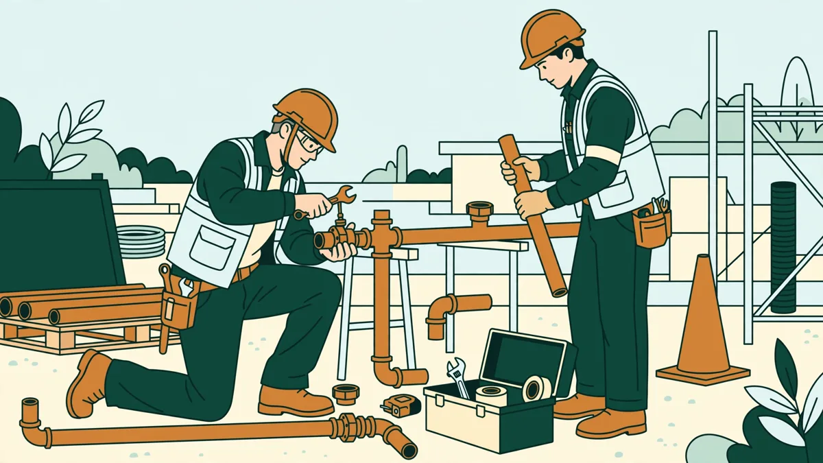 Deux stagiaires techniciens installent des tuyaux sur un chantier, l'un serre un raccord avec une clé pendant que l'autre tient le tube.