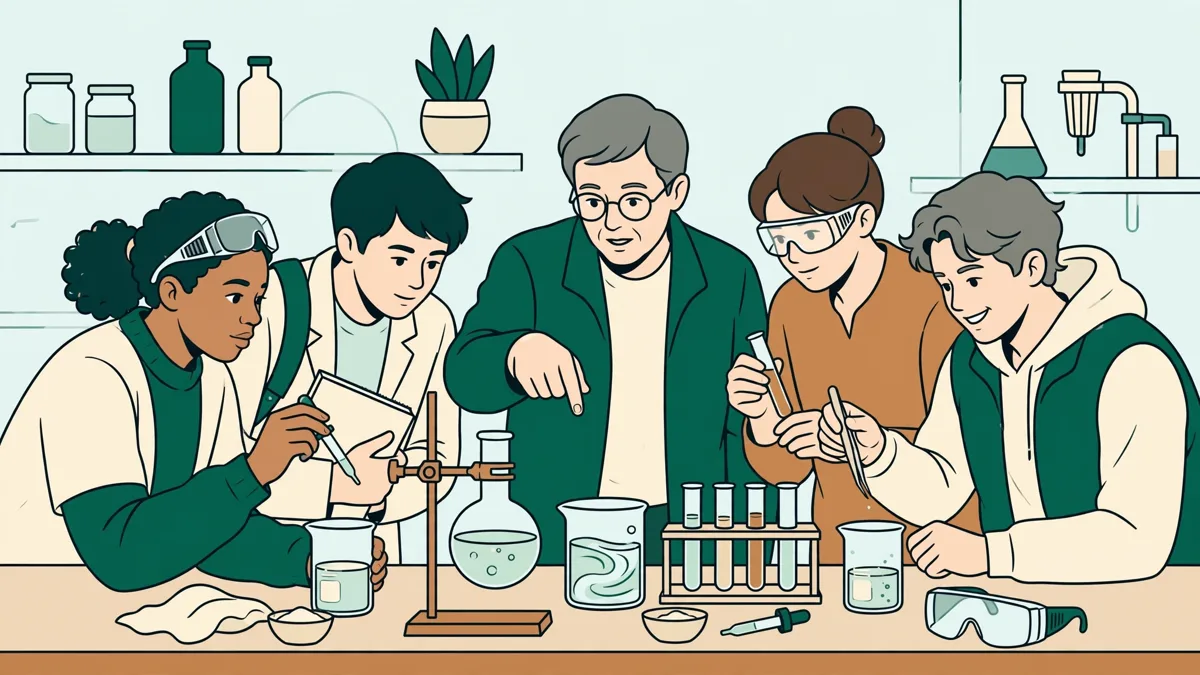 Petit groupe d'étudiants autour d'une paillasse qui réalisent ensemble une expérience de chimie pendant qu'une enseignante les guide