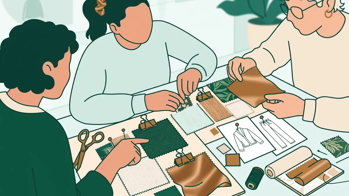 Trois étudiants autour d'une table qui analysent des planches de tendances et des échantillons de tissus
