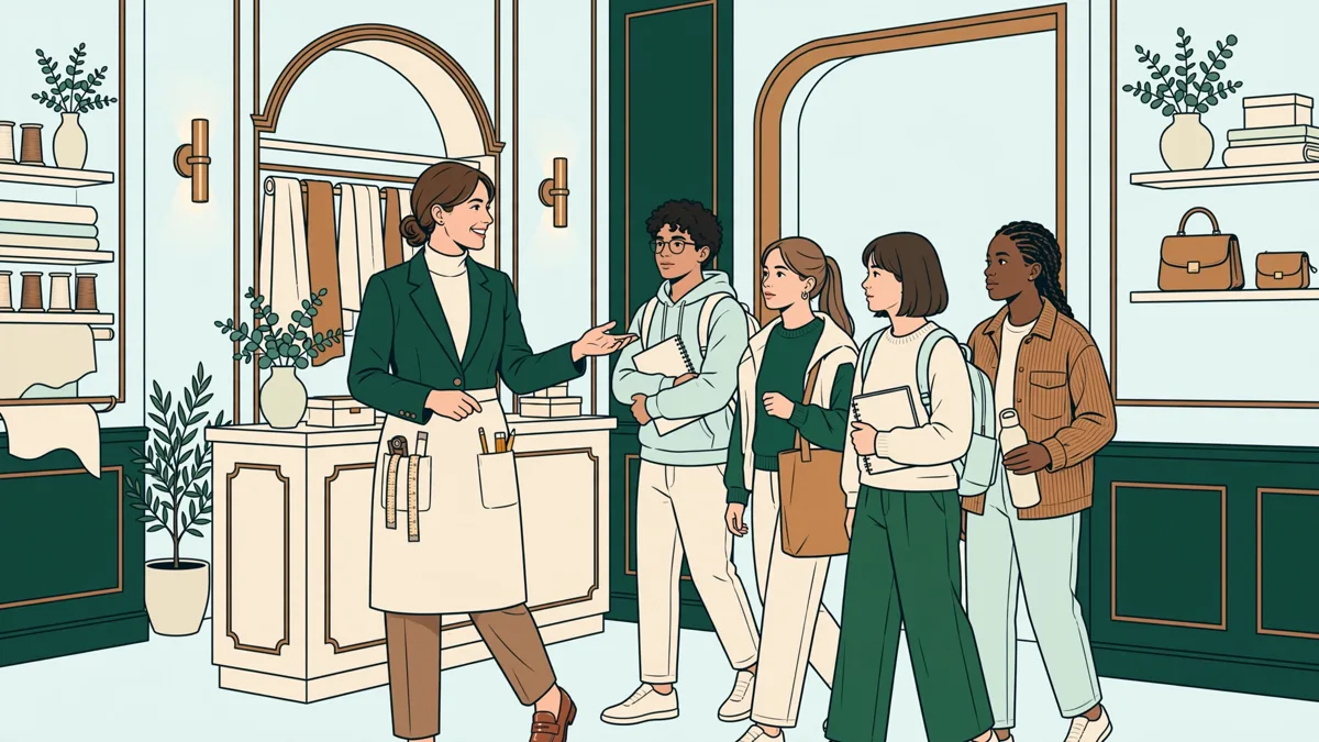 Petit groupe d'étudiants qui suit une professionnelle lors d'une visite dans une boutique de luxe élégante