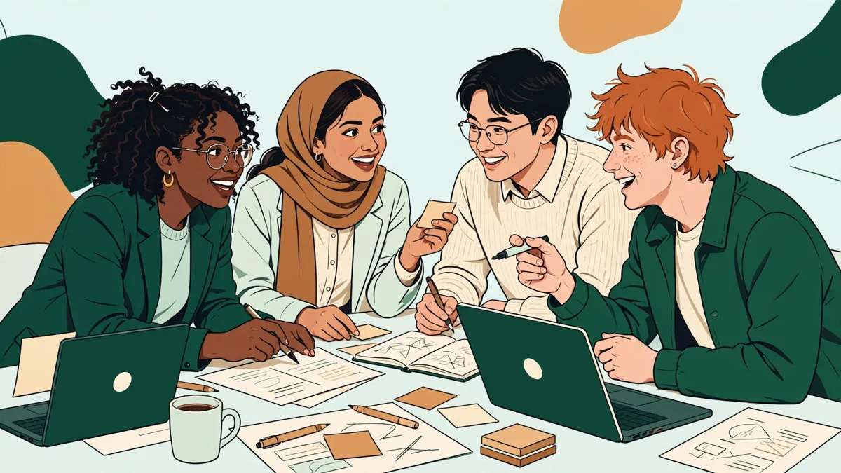 Quatre étudiants autour d'une table qui préparent une présentation, avec ordinateurs et notes, comme lors d'un jeu d'entreprise