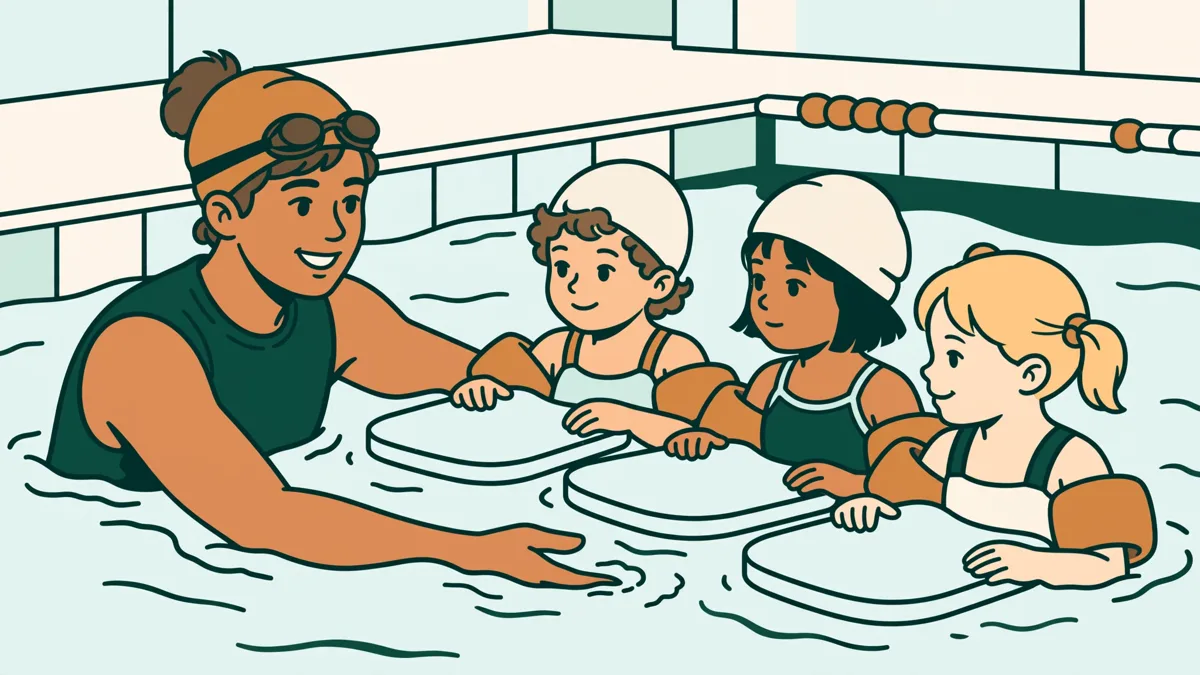 Jeune éducateur dans l'eau qui guide des enfants avec des planches lors d'une leçon de natation