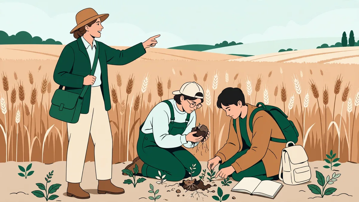 Deux étudiants accroupis dans une parcelle de blé qui observent une motte de terre et des adventices, carnet de terrain en main, avec leur enseignante.