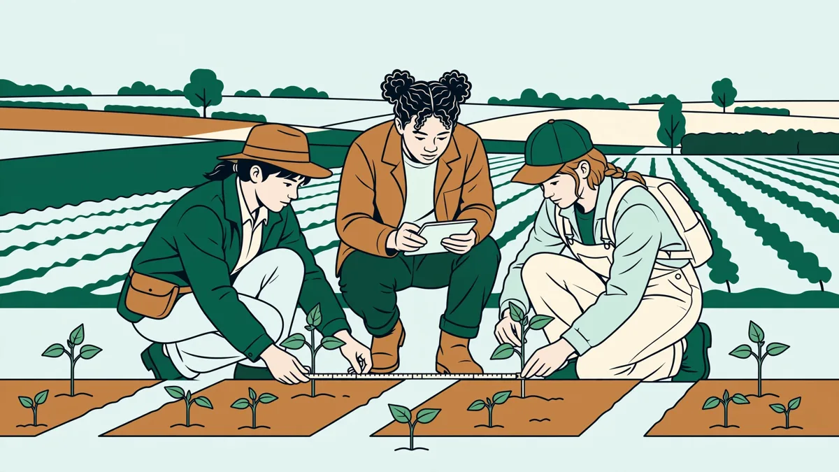 Trois Ă©tudiants qui mesurent de jeunes tournesols dans des micro-parcelles dâessai, avec un dĂ©camĂštre et une tablette de notation.