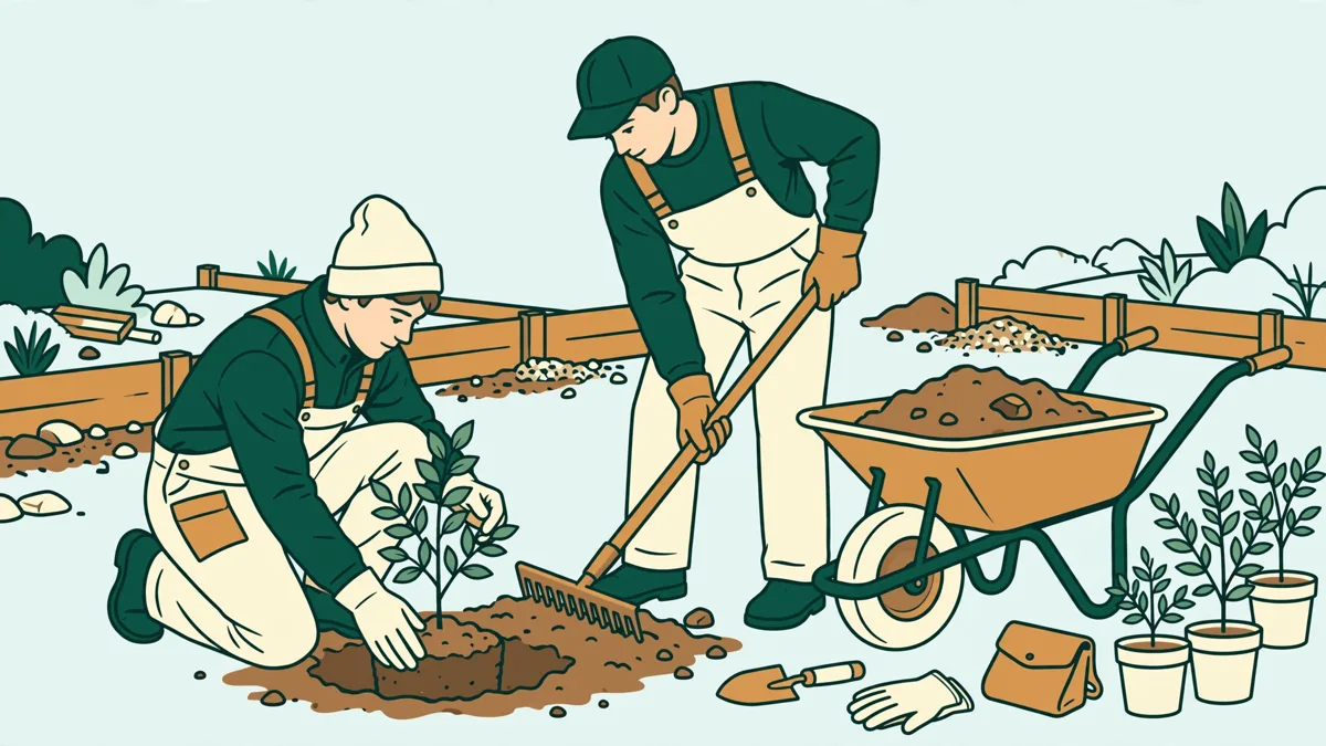Deux apprentis paysagistes en train de planter et niveler un massif sur un chantier d'espace vert