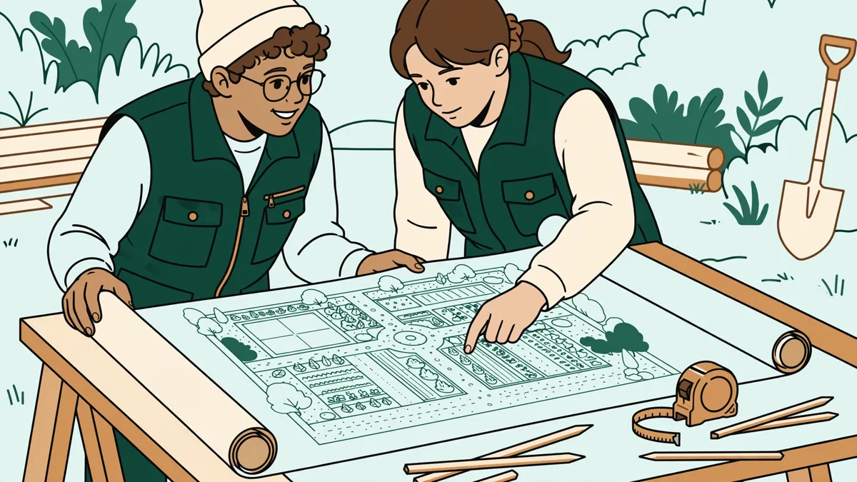 Deux apprentis en gilets qui étudient un plan de jardin sur le chantier avec un mètre