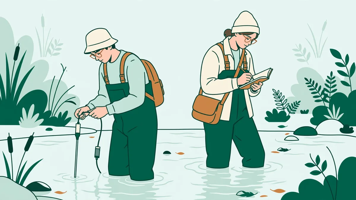 Deux étudiants en bottes dans une petite rivière qui relèvent une mesure d'eau, l'un tient une sonde et l'autre note dans un carnet.