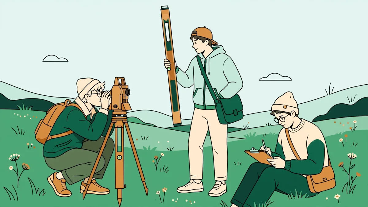 Trois étudiants autour d'un trépied de topographie en prairie, l'un vise dans l'appareil pendant que les autres tiennent la mire et notent.