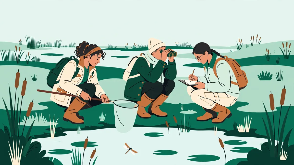 Trois étudiants en bottes au bord d'une mare, l'un avec une épuisette, l'autre avec des jumelles, le troisième qui note dans un carnet.
