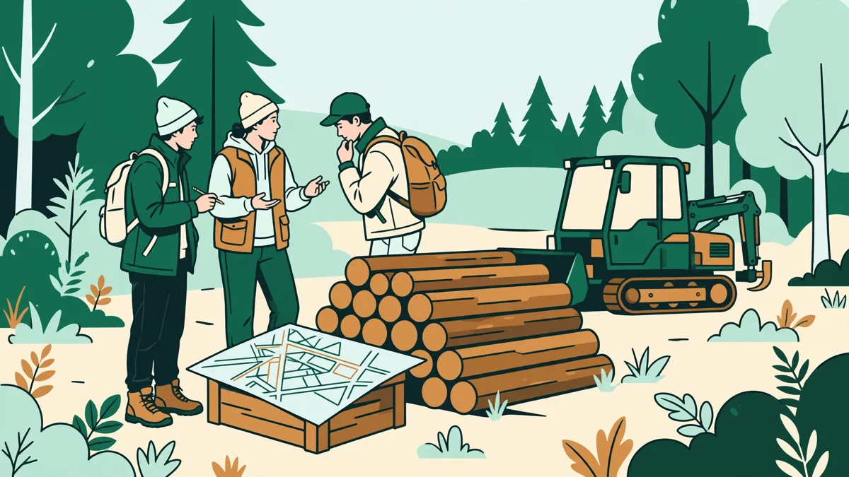 Trois étudiants autour d'une pile de grumes qui organisent un chantier avec un plan, près d'un engin forestier.