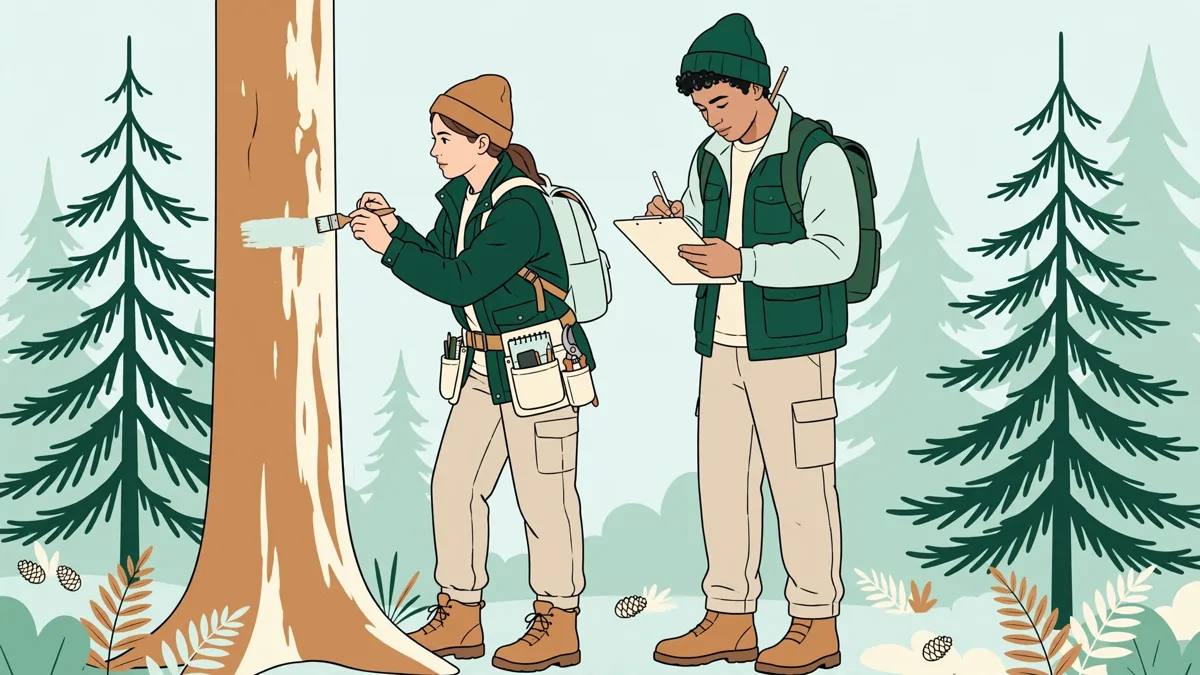 Deux étudiants en tenue de terrain qui marquent un arbre à la peinture et notent des mesures sur une fiche, au milieu d'une parcelle de résineux.