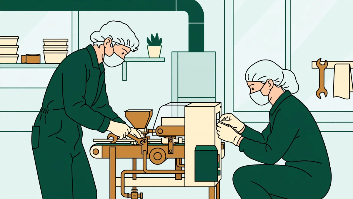 Deux apprentis en tenue hygiénique qui règlent une petite ligne de transformation alimentaire dans un atelier clair.