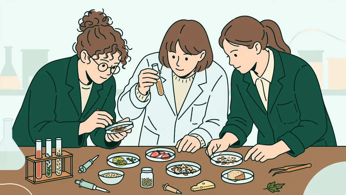 Trois apprentis en blouse autour dune paillasse de laboratoire qui examinent des boîtes de Pétri et des tubes à essai.