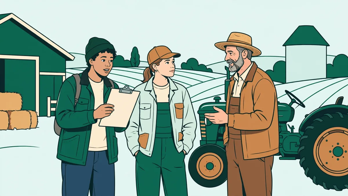 Deux étudiants en veste de travail discutent avec un agriculteur devant un tracteur dans une cour de ferme, l'un montrant un devis sur un carnet