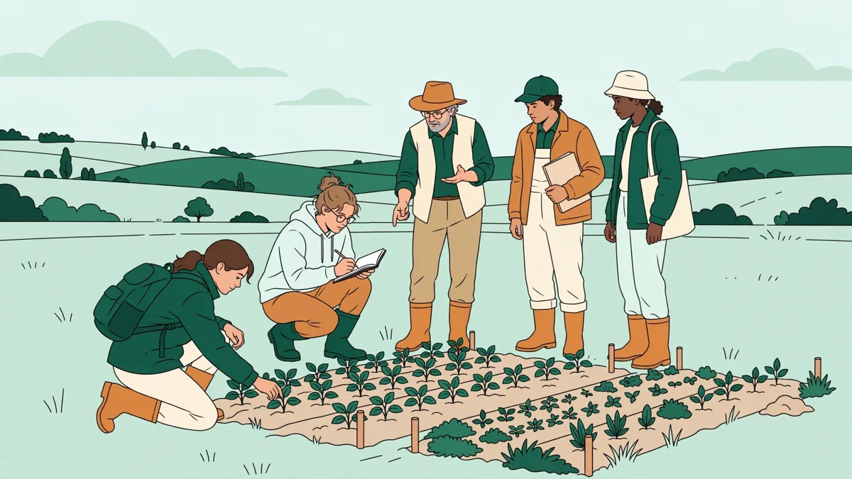Petit groupe d'étudiants en bottes autour d'une parcelle de culture avec leur enseignant, l'un accroupi touchant les plantes pendant qu'une autre prend des notes