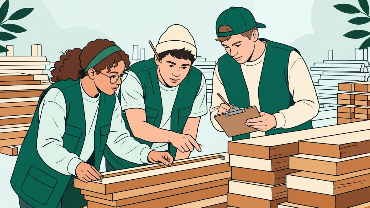 Trois étudiants en gilets de travail mesurent et annotent des planches de bois dans une cour de négoce
