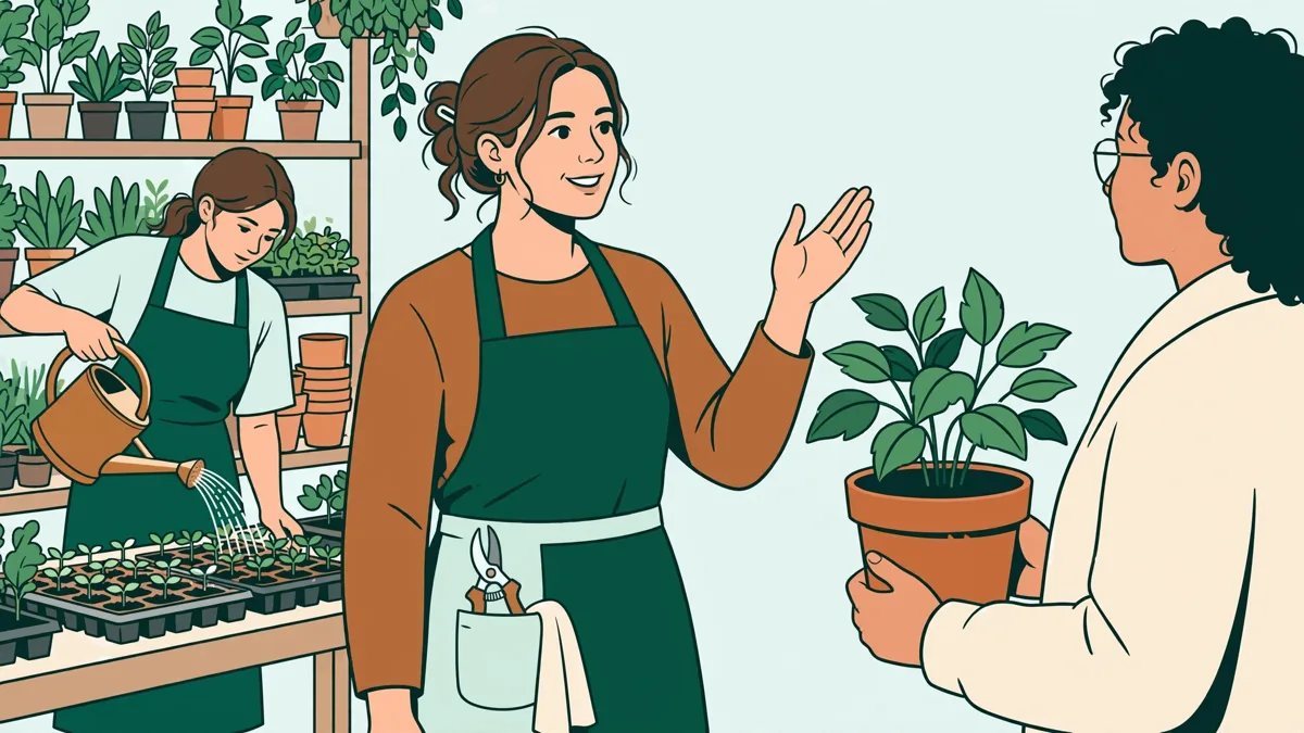 Une apprentie conseille un client avec une plante en pot dans une jardinerie, un autre apprenti arrose des semis derrière eux.
