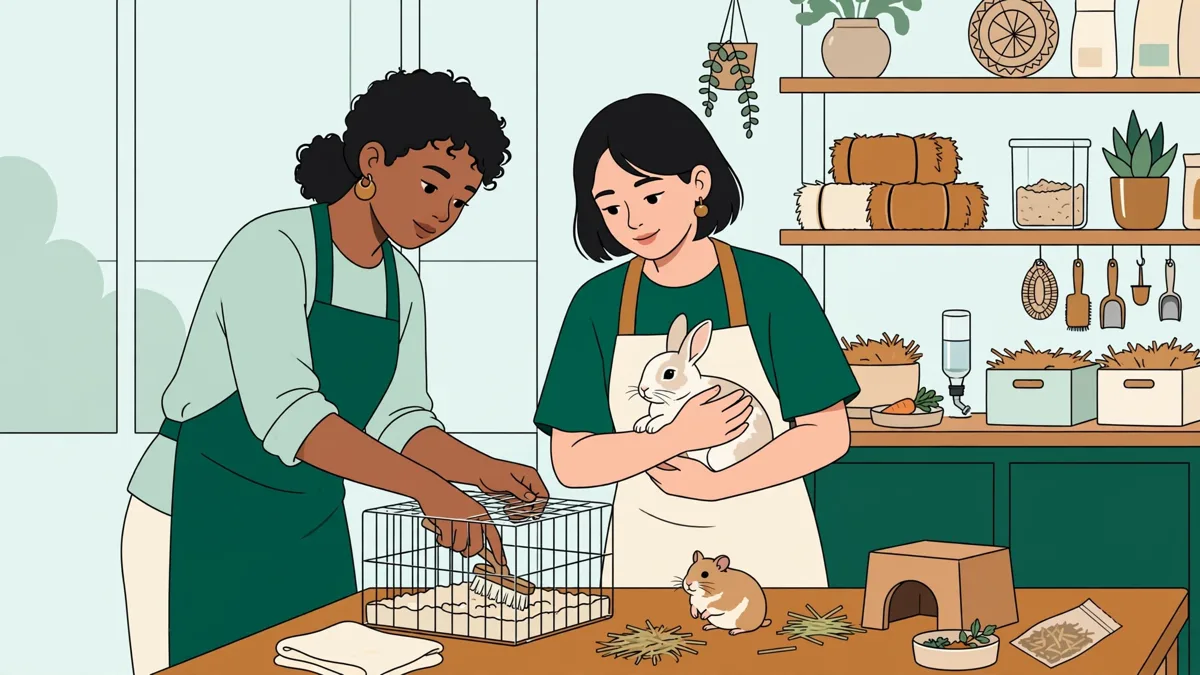 Deux apprentis s'occupent de petits lapins et hamsters dans une animalerie lumineuse, l'un nettoie une cage.