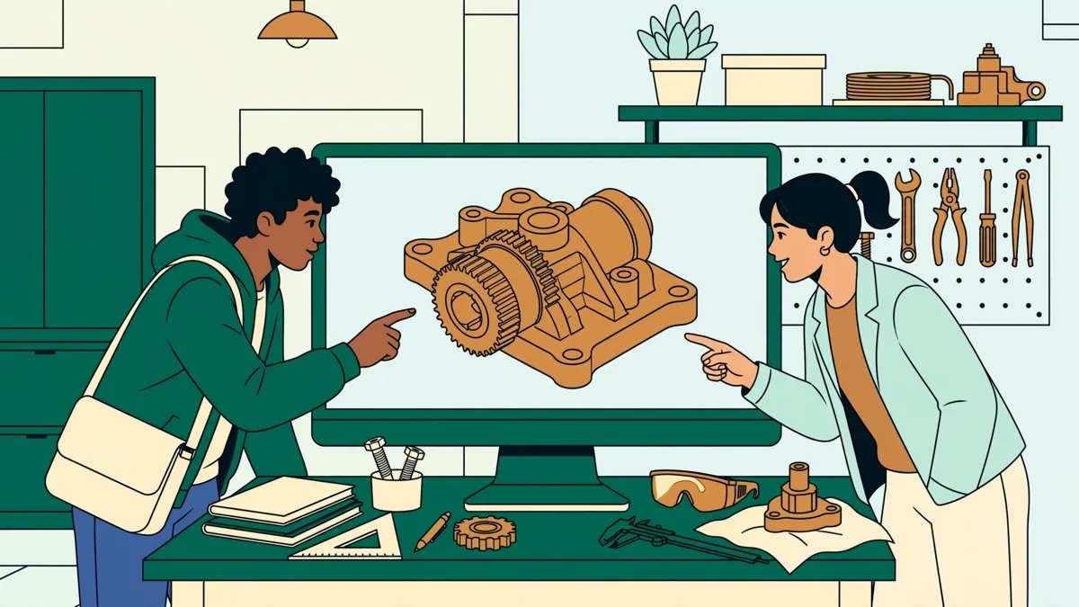 Deux étudiants devant un grand écran qui modélisent en 3D une pièce mécanique et discutent d'une cote