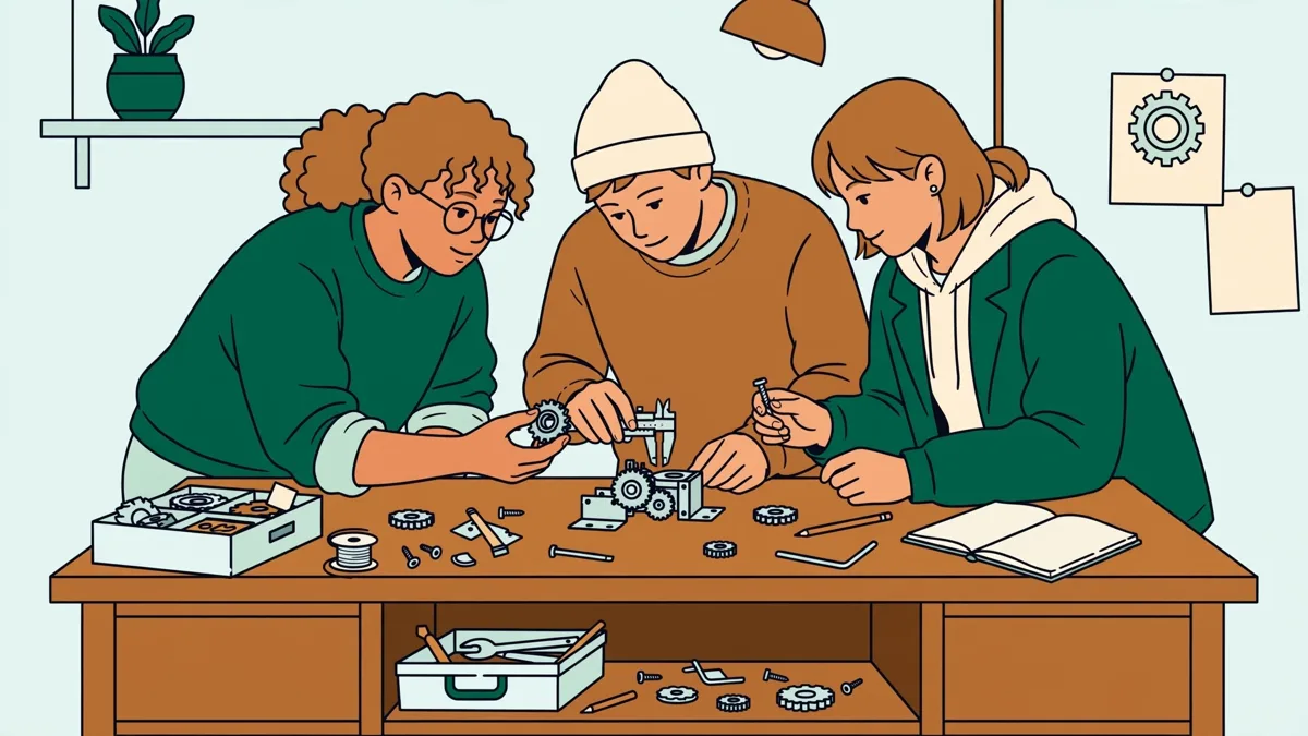 Trois étudiants autour d'un établi qui montent et mesurent un petit mécanisme prototype avec un pied à coulisse
