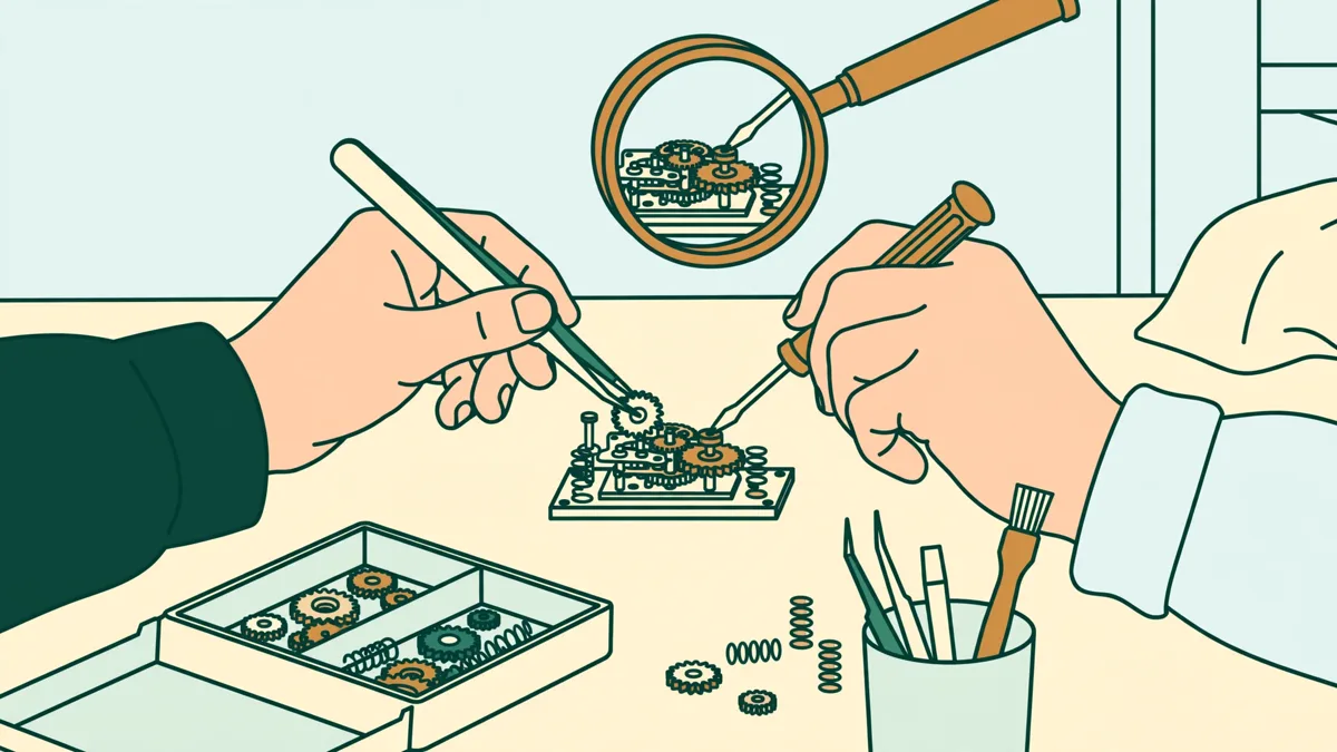 Deux étudiants en atelier assemblent un petit mécanisme de précision sur un établi, outils et loupe à côté.