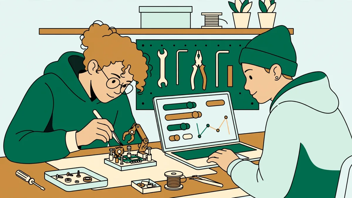 Deux étudiants en atelier assemblent un petit module automatisé sur un établi, l'un règle une micro-pince, l'autre vérifie la commande sur un ordinateur.