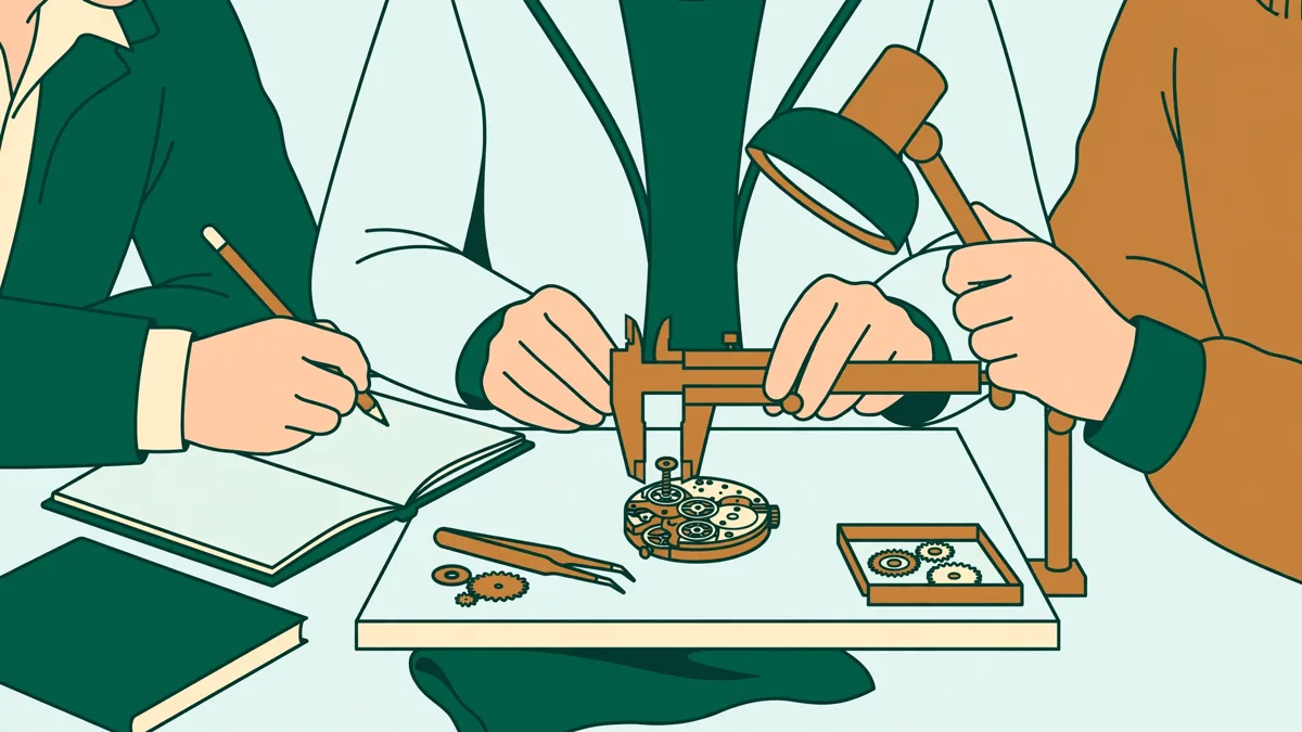 Trois étudiants autour d'un banc de mesure contrôlent un miniature mécanisme d'horlogerie avec pied à coulisse et lampe loupe, l'une prend des notes.