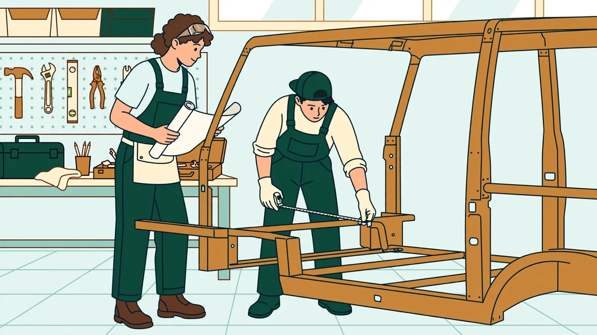 Trois étudiants en tenue d'atelier autour d'une ossature de carrosserie de fourgon, l'un mesure au mètre, un autre tient un plan.