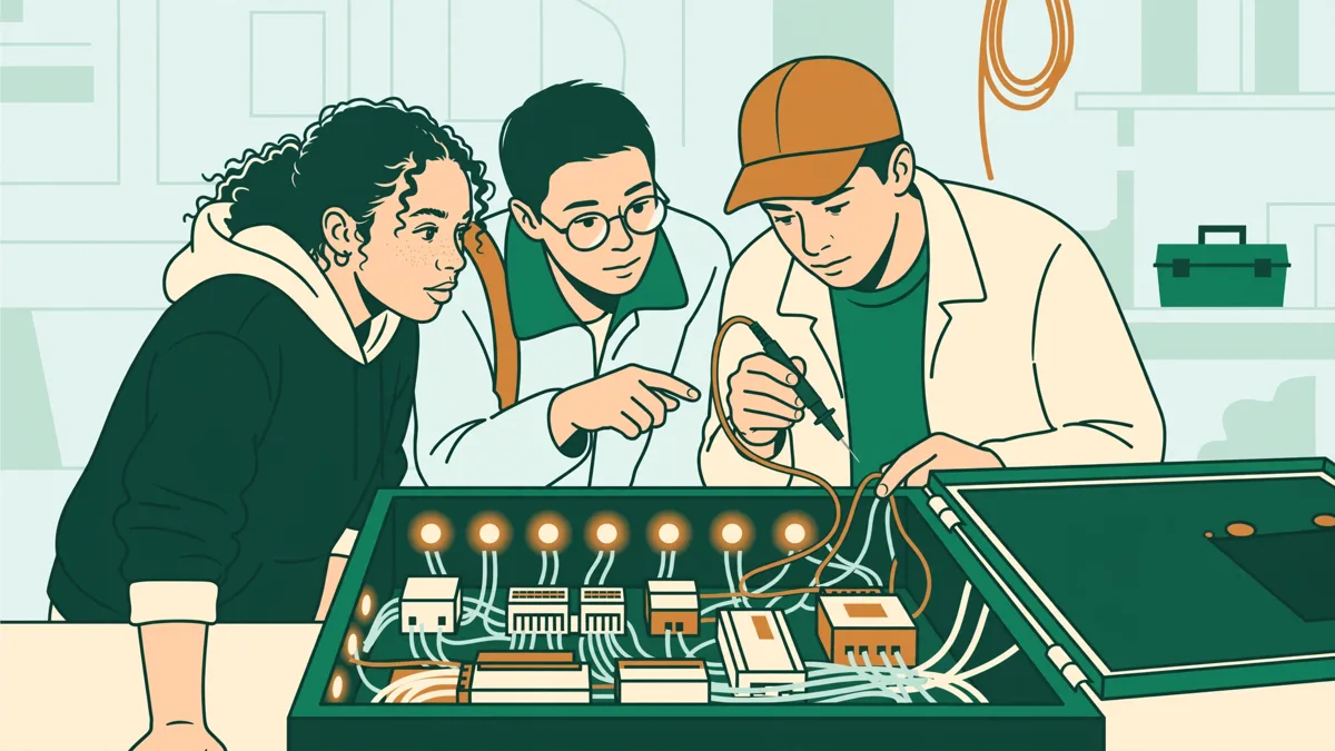 Trois apprentis techniciens diagnostiquent une armoire de contrôle ouverte, l'un avec un multimètre, dans un atelier lumineux.