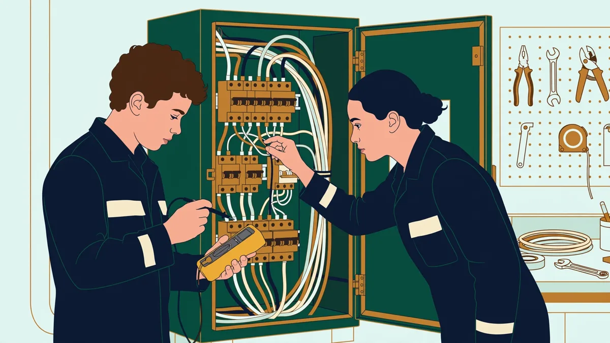 Deux apprentis en tenue de marin devant une armoire électrique ouverte, l'un avec des pointes de touche, l'autre qui tient le schéma