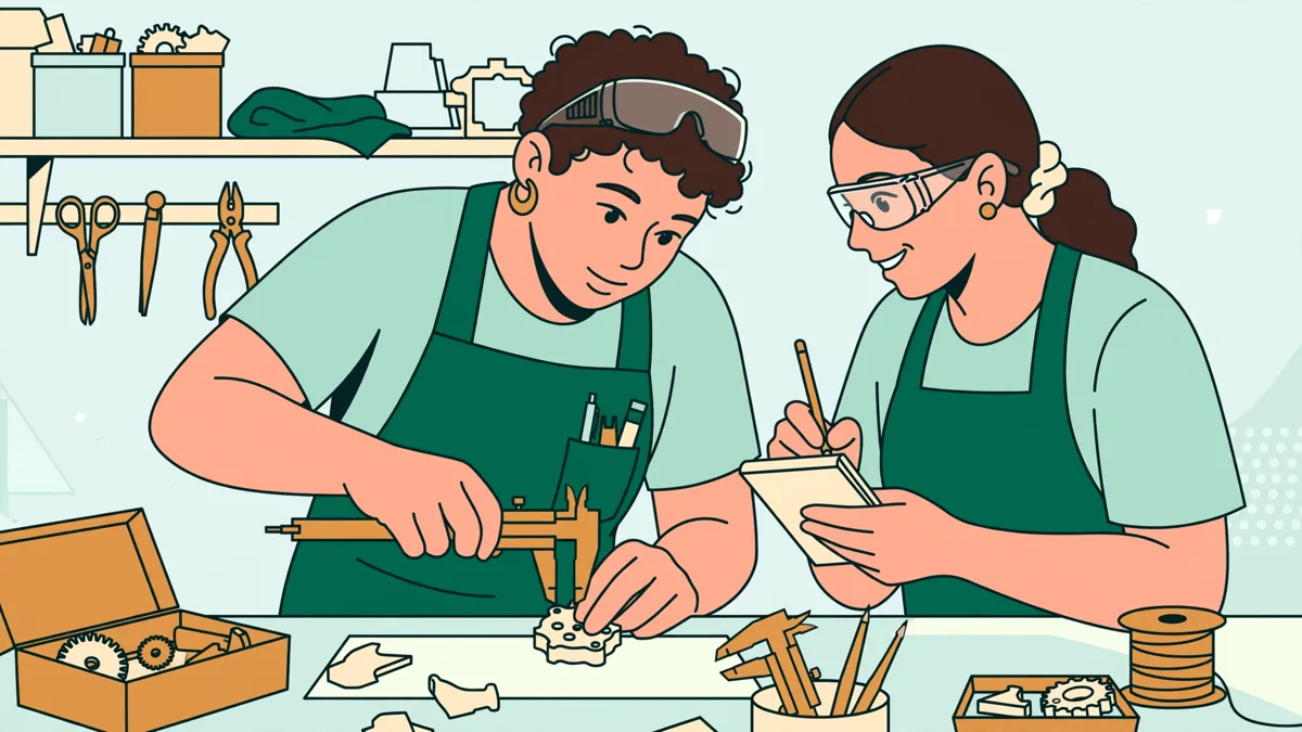Deux étudiantes en atelier contrôlant une pièce en plastique avec un pied à coulisse, avec une fiche de contrôle posée sur l'établi.