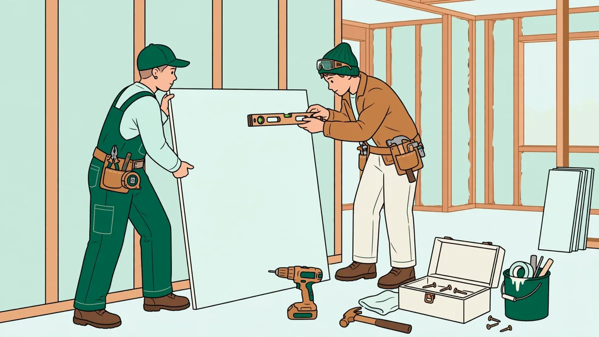 Deux apprentis en tenue de chantier posent un revêtement mural dans une pièce en travaux, l'un tient un panneau pendant que l'autre vérifie l'alignement