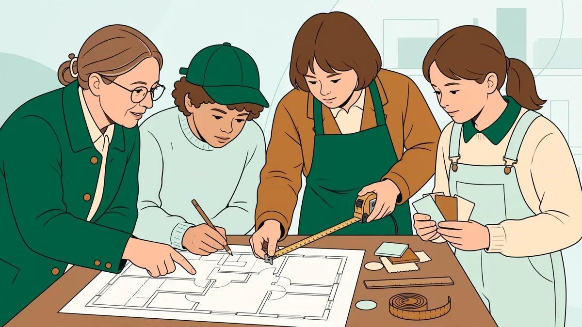 Trois apprentis autour d'une table relèvent des mesures et annotent un plan d'aménagement pendant qu'un enseignant les guide