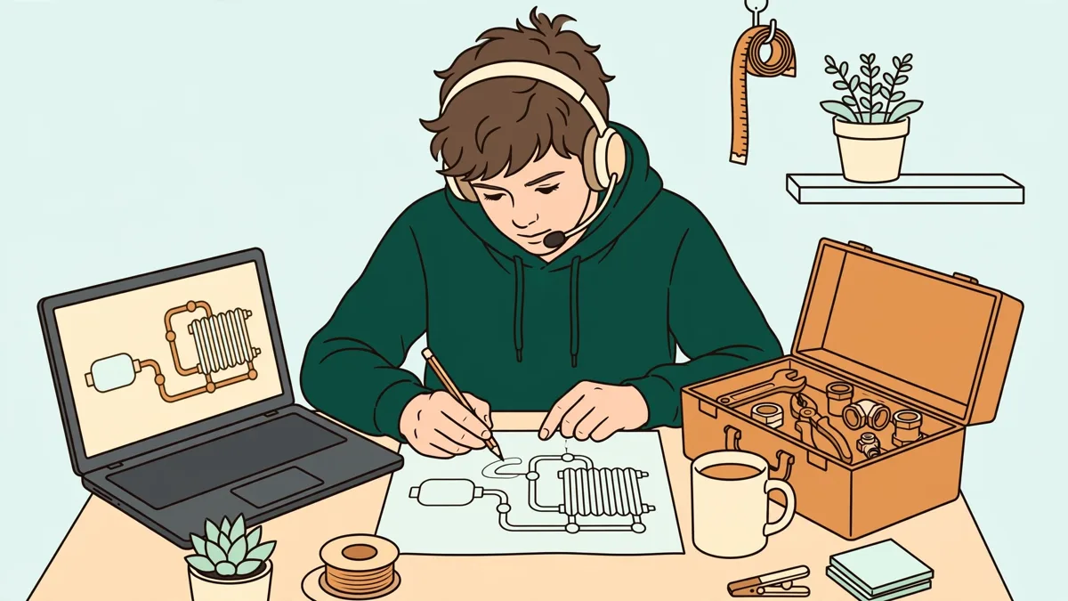 Illustration : un apprenti avec un casque audio devant un ordinateur portable à son bureau, prenant des notes sur un schéma de circuit de chauffage.