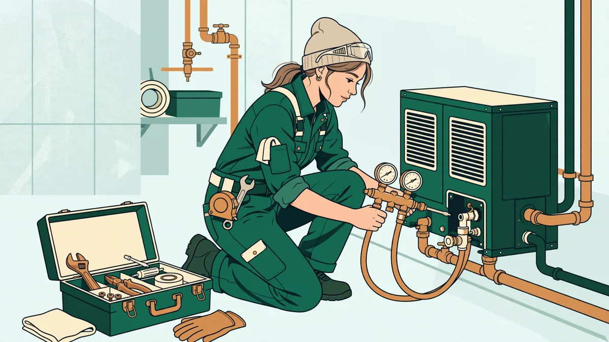 Illustration : une apprentie en tenue de travail branchant des flexibles de mesure sur une pompe à chaleur dans un local technique, caisse à outils ouverte.