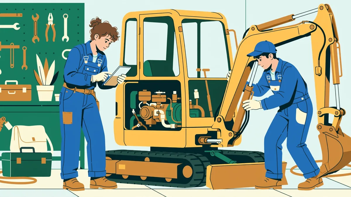 Deux apprentis en tenue de travail diagnostiquent une petite pelleteuse jaune dans un atelier, l'un branché sur le moteur avec une tablette, l'autre sous le bras hydraulique